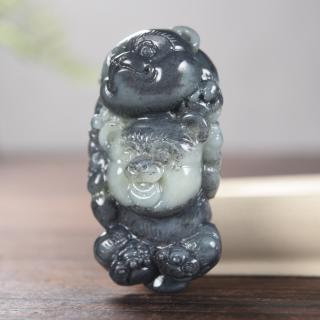 疆友 孤品 和田玉青花籽料熊猫吊坠 玉石礼物 玉坠 挂件 71克